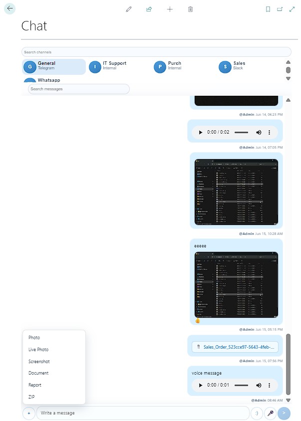 Chat embedded as a FactBox, showing channels and a shared photo