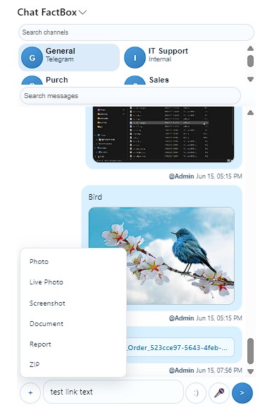 Unified chat combining Internal, Telegram, Slack and WhatsApp channels